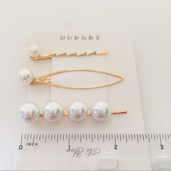 Set of 3 Pearl Gold Tone Hair Pins Barrettes NWT - Picture 3 of 5